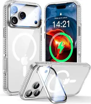 [Upgraded Full Camera Protection] for iPhone 17 Pro Max Case with Camera Cover Stand [Fit for MagSafe][10FT Mil-Grade Protection] Transparent Magnetic iPhone 17 Pro Max Phone Case Clear