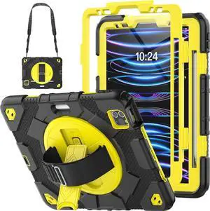 JAENFONG Case for iPad Pro 11 inch 2022/2021/2020/2018, with Pencil Holder, Screen Protector, Rotating Hand Strap Stand, [3-Layer Drop Proof] Case for Pro 11 4th/3th/2nd/1st (Yellow)