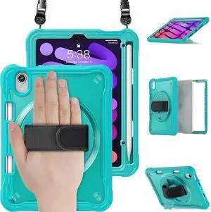 JAENFONG Case for iPad Mini 6 8.3 Inch 2021 with Pencil Holder Heavy Duty Rugged Shockproof Tablet Cover with 360° Rotating Hand Strap Foldable Hidden Stand & Shoulder Strap, Blue