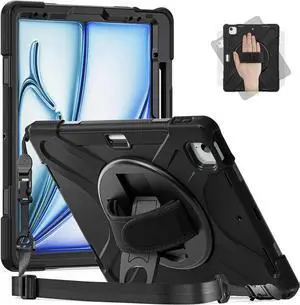 JAENFONG Case for iPad Air 11-inch (2024) M2 Chip Model A2902 Heavy Duty Rugged Durability Silicone Tablet Cover with 360° Rotating Hand Strap Foldable Hidden Stand & Shoulder Strap, Black