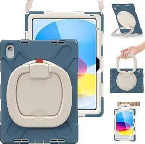 JAENFONGNew iPad 10th Generation Case 2022 A2696 A2757 A2777-Heavy Duty Silicone Cover for iPad 10.9 Inch -Screen Protector/Pencil Holder/Rotating Handle Grip/Kickstand/Shoulder Strap, Cornflower Blue