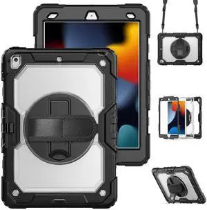 JAENFONG Case for iPad 9th/ 8th/ 7th Generation 10.2'', Shockproof with Screen Protector, Pencil Holder [360° Rotating Hand Strap] & Stand, for iPad 10.2 inch 2021-2019 (Clear)