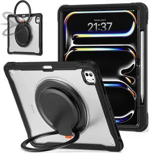 iPad Pro 11 inch Case 2024 M4 Chip Lightweight Dual-Layer Protective Tablet Cover, Durable Shock-Absorbing Corners with 360° Rotating Retractable Kickstand Ring Built-in Pen Slot, Black