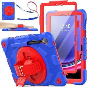 JAENFONG Galaxy Tab S9 FE/ S9/ S8/ S7 Full Body Meshdesign Case with Screen Protector [360° Rotating Hand Strap/Stand] Pencil Holder for Galaxy Tab S9 FE 10.9''/ S9 11'' 2023 (Red+Blue)