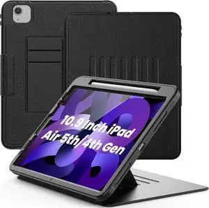 iPad Air 5th/4th Generation 10.9 Inch 2022/2020, Smart Magnetic Auto Sleep Shockproof Protective Case with Stable Stand/Card Slot (Support Pencil 2nd Wireless Charge) for Air 5/ Air 4, Black
