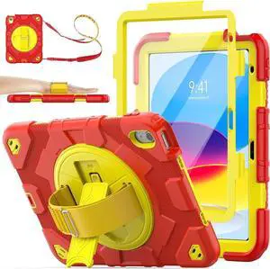 Pad 10th Generation Case 10.9'', Full-Body Drop Protection Case with Meshdesign Screen Protector Pen Holder [360° Rotate Hand Strap/Stand] for Pad 10th Generation 10.9 inch(Red+Yellow)