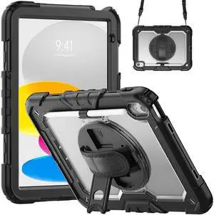 JAENFONG Case for iPad (A16) 11th/10th Generation 11''/10.9'' 2025/2022, Full-Body Drop Protection Case with Screen Protector &360° Rotate Hand Strap/Stand,Clear