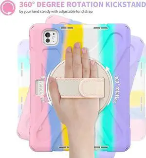 Case for iPad Pro 11-inch (2024) M4 Chip Model A2836 Heavy Duty Rugged Durability Silicone Tablet Cover with 360° Rotating Hand Strap Foldable Hidden Stand & Shoulder Strap, Colorful Pink