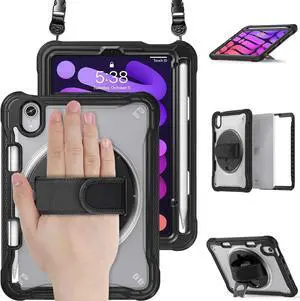 JAENFONG Case for iPad Mini 6 8.3 Inch 2021 with Pencil Holder Heavy Duty Rugged Shockproof Tablet Cover with 360° Rotating Hand Strap Foldable Hidden Stand & Shoulder Strap, Black