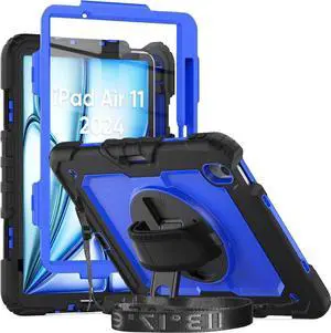 Case for iPad Air 11 Inch M2 with Screen Protector | iPad Air 6th Generation 11 Inch Case 2024 | Shockproof Rugged Drop Protection Cover W/Pen Holder Kickstand Hand Grip Shoulder Strap | Blue