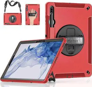 JAENFONG Case for Galaxy Tab S7 FE/S8 Plus/S7 Plus, Rugged Shockproof Case for Samsung Galaxy Tab S7 FE/S8 Plus/S7 Plus 12.4 Inch with Hand/Shoulder Strap-S Pen Holder-Rotating Kickstand, Red