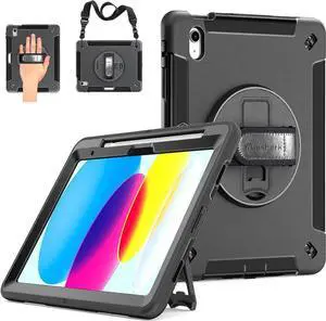 JAENFONG Case for iPad 10th Generation 2022: Military Grade Heavy Duty Shockproof Cover for iPad 10th Gen 10.9 Inch with Stand - Hand/Shoulder Strap-Pencil Holder, Black