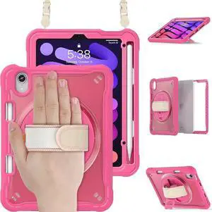JAENFONG Case for iPad Mini 6 8.3 Inch 2021 with Pencil Holder Heavy Duty Rugged Shockproof Tablet Cover with 360° Rotating Hand Strap Foldable Hidden Stand & Shoulder Strap, Pink