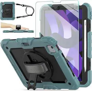 JAENFONG iPad Air 5th/4th Generation Case 2022/2020, iPad Pro 11 Case, [Shockproof] Full Body Protective Case with 9H Tempered Glass Screen Protector, Rotatable Kickstand & Hand Strap (Teal & Black)