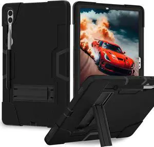 JAENFONG Shockproof Kickstand Case for Galaxy Tab S9 Plus/S9 FE Plus 12.4'', Heavy Duty Hybrid Rugged Three Layer Soft Silicone +Hard PC with S-Pen Holder Cover for Tab S9+ S9 FE+ 2023 (Black)