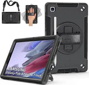 JAENFONG Galaxy Tab A7 Lite Case, Military Grade Heavy Duty Shockproof Case with Hand/Shoulder Strap Rotating Kickstand for Samsung Galaxy Tab A7 Lite 8.7 Inch 2021, Black