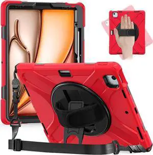 JAENFONG Case for iPad Air 11 inch (2024) M2 Chip Model A2902/A2903 Heavy Duty Rugged Durability Silicone Tablet Cover with 360° Rotating Hand Strap Foldable Hidden Stand & Shoulder Strap, Red