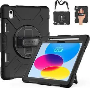 Case for iPad 11/10th Generation 2025/2022, Upgraded Military Grade Heavy Duty Silicone Protector iPad 11/10th Gen 11/10.9 inch 2022 Cover Pencil Holder+ Rotating Stand+ Handle+ Shoulder Strap(Black)