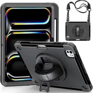 JAENFONG Case for 2024 iPad Pro 11-Inch M4 (2024, 5th Gen), Military Grade Silicone Protective Cover W/Pencil Holder - 360° Rotating Stand - Handle - Shoulder Strap