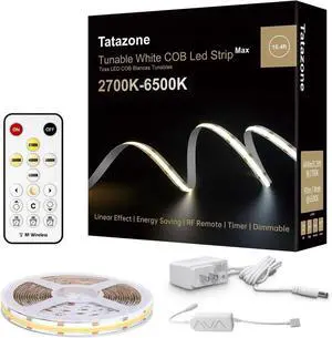 6.56ft Tunable White 2700K-6500K COB Led Strip Light with RF Remote Dimmable CCT COB Led Lights Adhesive Led Light Strip for Bedroom Kitchen Cabinet