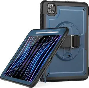 JAENFONG Case for iPad Air 5 (2022) M1 Chip/iPad Air 4th 2020 10.9 inch Multilayered Rugged Durable Shockproof Tablet Cover with 360° Rotating Hand Strap Foldable Hidden Stand, Navy Blue