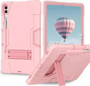 JAENFONG Shockproof Kickstand Case for Galaxy Tab S9 Plus/S9 FE Plus 12.4'', Heavy Duty Hybrid Rugged Three Layer Soft Silicone +Hard PC with S-Pen Holder for Tab S9+ S9 FE+ 2023 (Rose Gold)