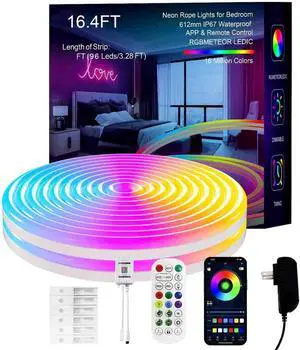Neon Rope Lights 16.4FT IC+RGB LED Strip Lights App+Remote Control Outdoor IP67 Waterproof Music Sync Color Changing Flexible DIY Design Neon Lights for Bedroom Gaming Party Decor