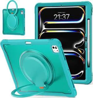 iPad Pro 13 inch Case 2024 M4 Chip Lightweight Dual-Layer Protective Tablet Cover, Durable Shock-Absorbing Corners with 360° Rotating Retractable Kickstand Ring Built-in Pen Slot, Blue