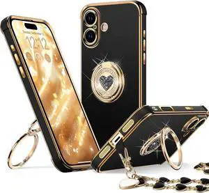 for iPhone 17 Case with Stand Phone Case with Double Ring Kickstand Women Girls Bling Luxury Protective Case Heart for iPhone 17 Black