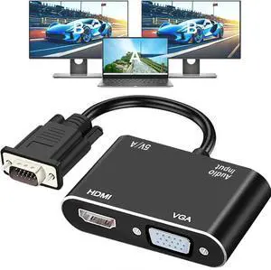 VGA to HDMI+VGA Adapter for Dual Monitors VGA to HDMI Adapter Splitter 2 in 1 1080P@60HZ Full HD Display Video Converter for PC Laptop Link Monitor/HDTV/Projector Fully Plug & Play