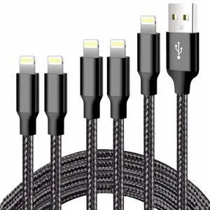 iPhone Charger 5 Pack 3/3/6/6/10FT MFi Certified USB Lightning Cable Nylon Braided Fast Charging Cord Compatible for iPhone 14/13/12/11/X/Max/8/7/6/5/SE/Plus/iPad - Black