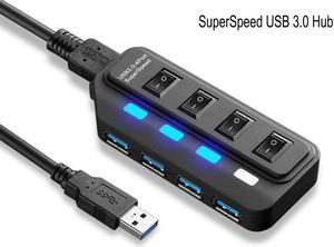 4 Port USB Hub, Portable SuperSpeed USB 3.0 Hub, Individual On/Off Switches LED, USB Extension Multi-function USB Dock Hot Swapping Support for Mac, PC, USB Flash Drives and Other Devices