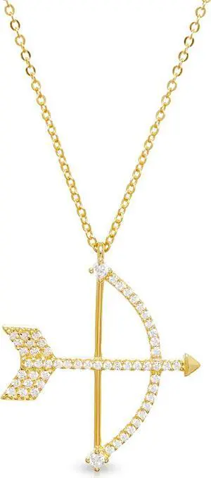 925 Sterling Silver Gold Plated Cupid's Arrow, Bow & Arrow Necklace, Micro Pave Cubic Zirconia, Giorgio Bergamo