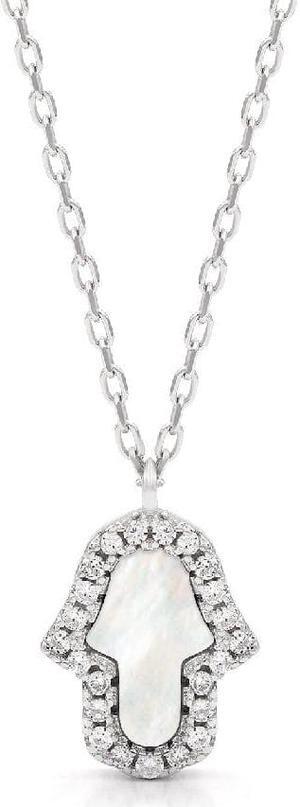 925 Sterling Silver Mother of Pearl Hamsa, Hand of God Micro Pave Minimalist Necklace, Giorgio Bergamo