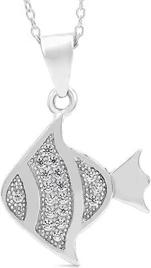 925 Sterling Silver Micro Pave Gold Fish Minimalist Pendant Necklace, Cubic Zirconia, Giorgio Bergamo