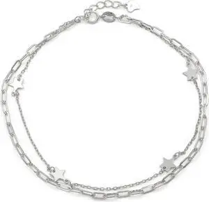 925 Sterling Silver Paper Clip Layered Star Ankle Bracelet, Minimalist Anklet, Giorgio Bergamo (Silver)