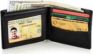 Stealth Mode Leather Bifold Wallet for Men With ID Window and RFID Blocking (Carbon Fiber)