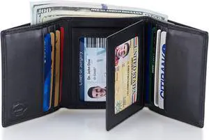 Stealth Mode Leather Trifold RFID Wallet For Men With Flip Out ID Holder