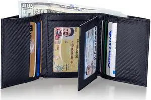 Stealth Mode Leather Trifold RFID Wallet For Men With Flip Out ID Holder Carbon Fiber