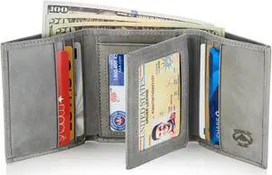 Stealth Mode Leather Trifold RFID Wallet For Men With Flip Out ID Holder Grey