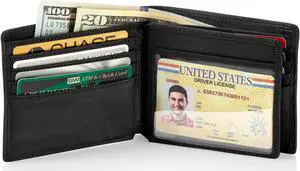 Stealth Mode Leather Bifold Wallet for Men With ID Window and RFID Blocking Black