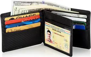 Stealth Mode Leather Bifold Wallet for Men With ID Window and RFID Blocking Carbon Fiber