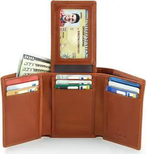 Stealth Mode Trifold Wallet - RFID Blocking Wallet with Flip ID Holder - Leather Case for Money, Credit Cards - Mens Organizer, Divided Billfold, Identity Protection - Men's Gifts Light Brown