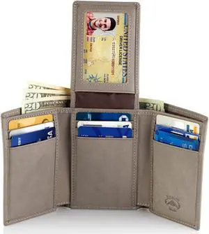 Stealth Mode Trifold Wallet - RFID Blocking Wallet with Flip ID Holder - Leather Case for Money, Credit Cards - Mens Organizer, Divided Billfold, Identity Protection - Men's Gifts Grey
