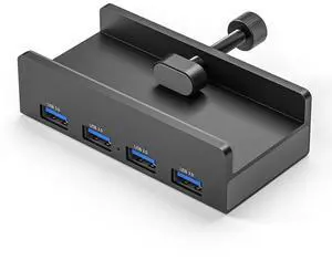 RAMAHP USB 3.0 Hub, USB Hub Clamp, Aluminum 4-Port USB Splitter with Extra Power Supply Port, Desktop Powered USB Hub for Monitors/Desks 4 USB Black