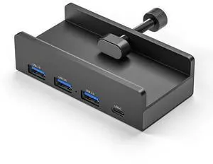 RAMAHP USB 3.0 Hub, USB Hub Clamp, Aluminum 4-Port USB Splitter with Extra Power Supply Port, Desktop Powered USB Hub for Monitors/Desks 3USB 1TYPE C Black