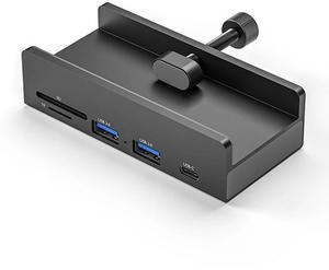 RAMAHP USB 3.0 Hub, USB Hub Clamp, Aluminum 4-Port USB Splitter with Extra Power Supply Port, Desktop Powered USB Hub for Monitors/Desks USB Card Read Black
