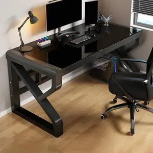 Baycheer 39'' Modern Rectangle Tempered Glass Trestle Office Desk with Cord Management Gaming Desk with Z-Shape Table Legs for Bedroom Office Living Room