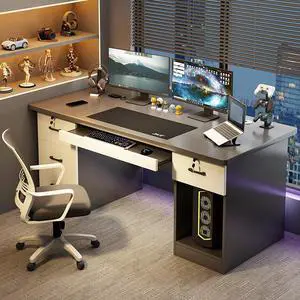 Baycheer Black and White Desk with Keyboard Tray 55 INCH Computer Desk Gaming Desk for Home Office Study Desk with Monitor Shelf Industrial PC Desk Studio Desk with 4 Drawers and CPU Storage