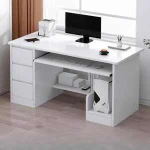 Baycheer Advanced 39'' Computer Work Desk Gaming Desk with Keyboard Tray 3 Drawers White Desk Study Writing Table Simple PC Desk with Side Storage and CPU Stand, Desk for Bedroom